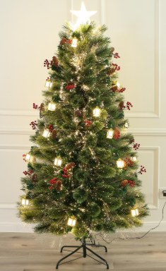TARA LANE 7FT FIBRE OPTIC CHRISTMAS TREE WITH CONE,BERRIES AND LANTERNS
