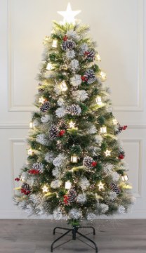 TARA LANE 7FT FIBRE OPTIC SNOWY CHRISTMAS TREE WITH LARGE CONES, BERRIES AND LANTERN