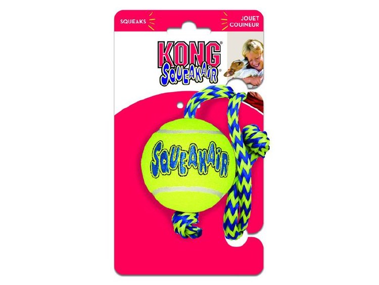 KONG AIR SQUEAKER TENNIS BALL WTH ROPE - MED