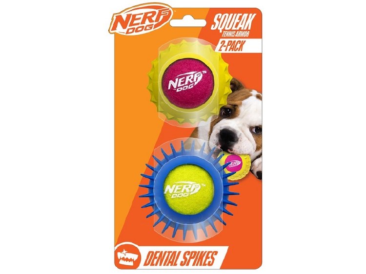 NERF DOG SQUEAK BALL WITH ARMOUR  2PK