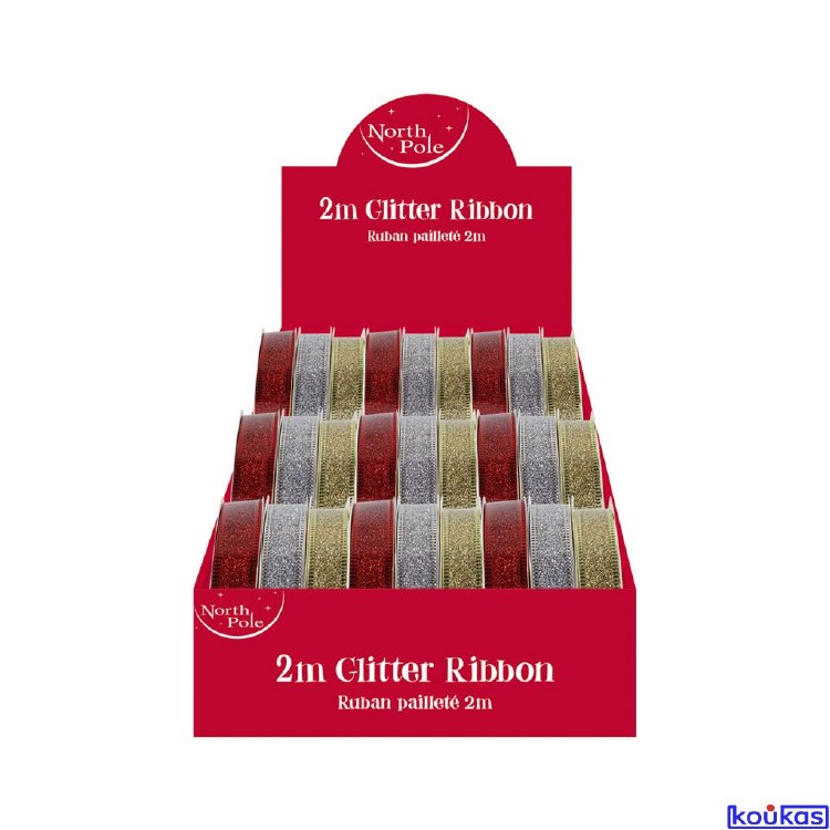 NORTH POLE 2M GLITTER RIBBON - ASSORTED