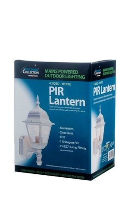 POWERMASTER 4 SIDED ALUMINIUM WHITE WALL LANTERN WITH PIR