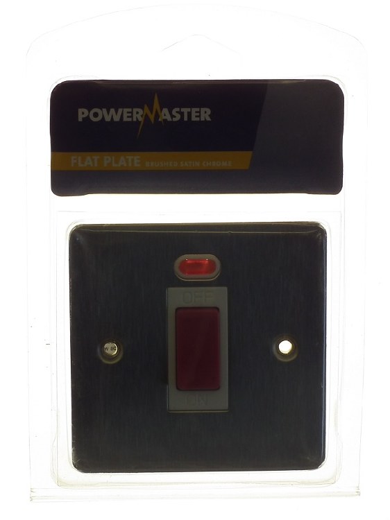 POWERMASTER BRUSHED SATIN 45 AMP DOUBLE 1 GANG DOUBLE POLE COOKER SWITCH WITH NEON