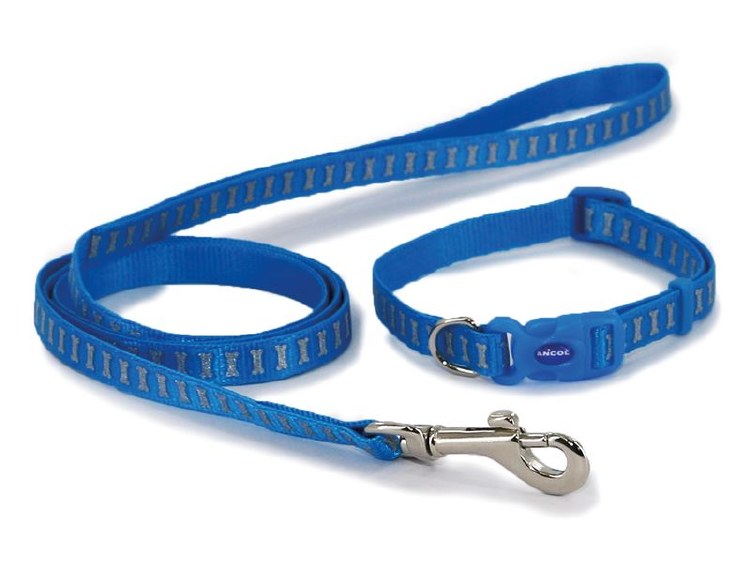 ANCOL REFLECTIVE BLUE BONE COLLAR &amp; LEAD 20-30