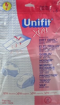 UNIFIT XTRA VACUUM BAGS FOR DIRT DEVIL, ELECTROLUX,GOBLIN,HOOVER,MORPHY RICHARDS , PROACTION,TESCO,VAX UNI-162