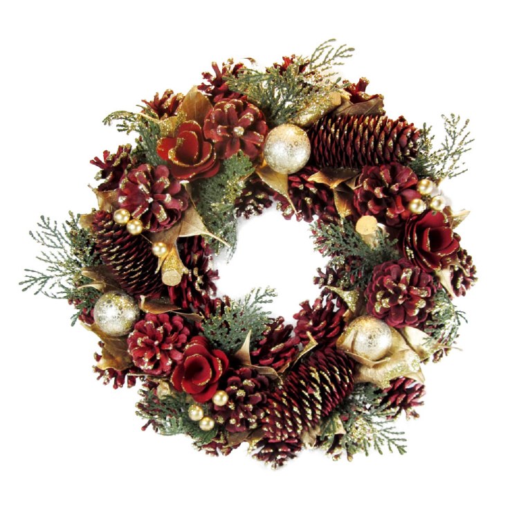 TARA LANE WREATH RED CONE AND GOLD BAUBLE 36CM