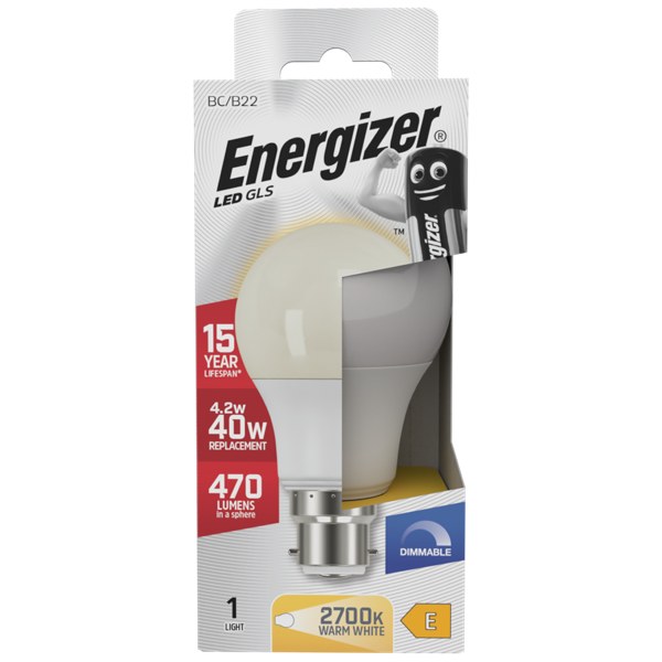 ENERGIZER LED 4.9W (40W) 470 LUMENS B22 GLS LAMP WARM WHITE 2700K DIMMABLE