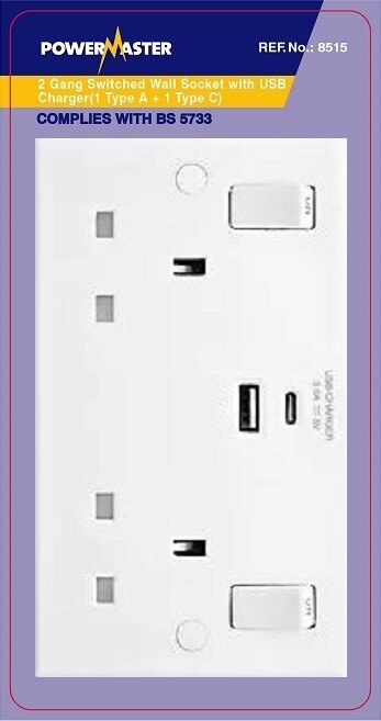 POWERMASTER 2 GANG SWITCHED SOCKET WITH 2 USB PORTS (1 X TYPE A &amp; 1 X TYPE C)