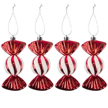 CHRISTMAS RED AND WHITE GLITTER TREE HANGING DECORATION - 4PACK 11CM SWEETS ORNAMENTS