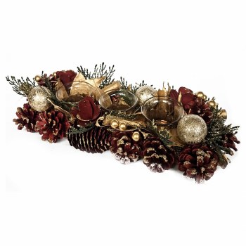 TARA LANE CENTREPIECES 3 TEALIGHT HOLDER RED CONE/GOLD BAUBLE 36CM