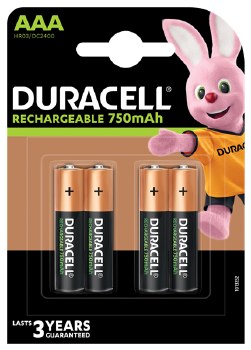DURACELL RECHARGEABLE BATTERY SIZE AAA 750mAh CARD 4