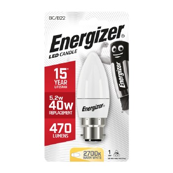 ENERGIZER LED 4.9W (40W) 470 LUMEN B22 OPAL CANDLE LAMP -  WARM WHITE