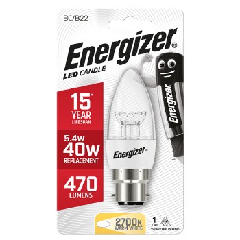 ENERGIZER LED 5.9W (40W) 470 LUMEN B22 CLEAR CANDLE LAMP WARM WHITE