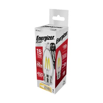 ENERGIZER LED 5W (40W) 470 LUMENS B22 FULL GLASS FILAMENT CANDLE LAMP DIMMABLE WARM WHITE