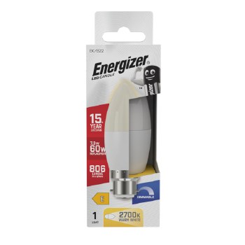 ENERGIZER LED 7.3W (60W) 806 LUMENS B22 CANDLE LAMP WARM WHITE 2700K DIMMABLE