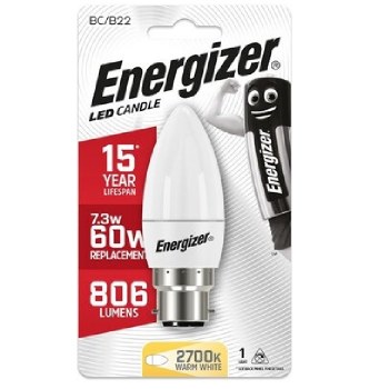 ENERGIZER 7.3W (60W) LED B22 CANDLE LAMP WARM WHITE