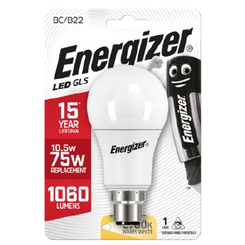 ENERGIZER LED 11.6W (75W) 1060 LUMEN BC GLS LAMP WARM WHITE