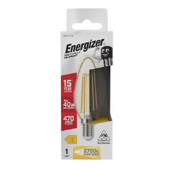 ENERGIZER LED 4W (40W) 470 LUMENS E14 FULL GLASS FILAMENT CANDLE LAMP WARM WHITE 2700K