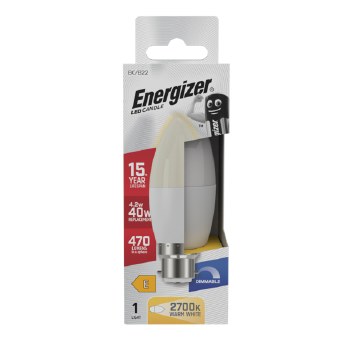 ENERGIZER LED 4.2W (40W) 470 LUMENS B22 OPAL CANDLE LAMP WARM WHITE 2700K DIMMABLE
