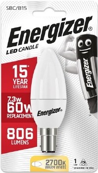 ENERGIZER LED 7.3W (60W) 806 LUMEN B15 CANDLE LAMP WARM WHITE