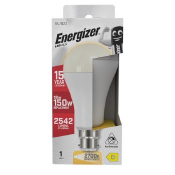 ENERGIZER LED 18W (150W) 2452 LUMENS B22 OPAL GLS LAMP WARM WHITE 2700K