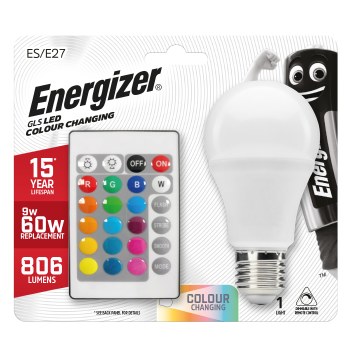 ENERGIZER 9W (60W) E27 LED REMOTE CONTROL COLOUR CHANGING GLS LAMP (MULTICOLOUR)