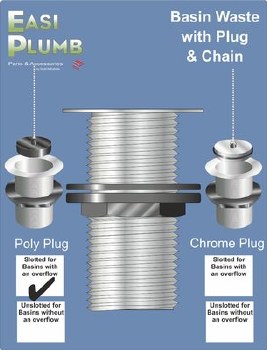 EASI PLUMB 1 1/4" SLOTTED BASIN WASTE, POLY PLUG AND CHAIN