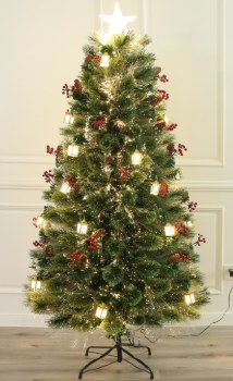 TARA LANE 6FT FIBER OPTIC CHRISTMAS TREE WITH CONES,BERRIES AND LANTERNS