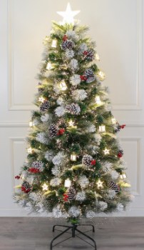 TARA LANE 7FT FIBRE OPTIC SNOWY CHRISTMAS TREE WITH LARGE CONES, BERRIES AND LANTERN