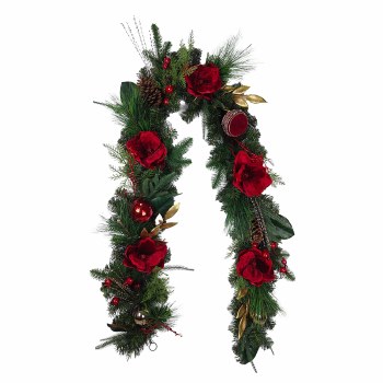 180CM LED ARTIFICIAL GARLAND WITH DEEP RED FLOWERS AND BAUBLES
