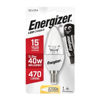 ENERGIZER LED 6.2W (40W) 470 LUMEN E14 CLEAR DIMMABLE CANDLE LAMP - WARM WHITE