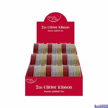 NORTH POLE 2M GLITTER RIBBON - ASSORTED