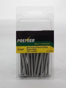 PREMIER 24PCE 100 X 5.0 MM RUST PROOF (GALCRON) RING SHANK NAILS