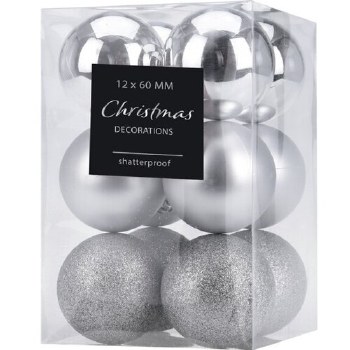 SET OF 12 6CM SILVER CHRISTMAS BAUBLES