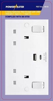 POWERMASTER 2 GANG SWITCHED SOCKET WITH 2 USB PORTS (1 X TYPE A & 1 X TYPE C)