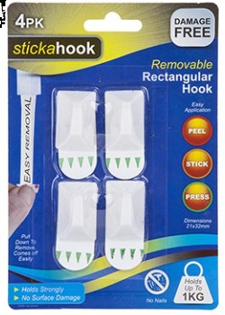 REMOVEABLE SMALL RECTANGULAR HOOKS 1KG CAPACITY PACK OF 4