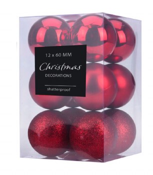 SET OF 12 RED CHRISTMAS BAUBLES