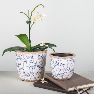 Ceramic Pot Blue Scroll Lg