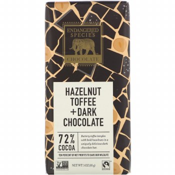 ENDANGERED SPECIES CHOCOLATE Hazelnut, Toffee + Dark Chocolate, 72% Cocoa, 3 oz