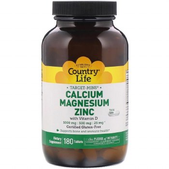 COUNTRY LIFE Target-Mins Calcium Magnesium Zinc with Vitamin D, 180 Tablets
