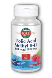 KAL Folic Acid Methyl B-12, 800 mcg / 1000 mcg, ActivMelt Rasberry, 60 micro tablets