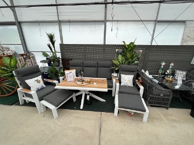 Palermo Big Arm Patio Furniture Set 3 Seater Couch, 2 Reclining Chairs, 2 Footstools & Table with Teak wood Top