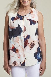 Pop-over Round neck flowy fit sleeveless top with twisted detail at the chest