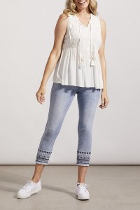 Audrey Pull-on Slim Fit Capri Pant in Denim cotton with Embroidered hemline