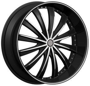24X9.5 5-135 / 5-139.7 +13 87.1 BLACK W/MACH FACE AND PINSTRIPE **ONLY SOLD IN SETS OF 4**