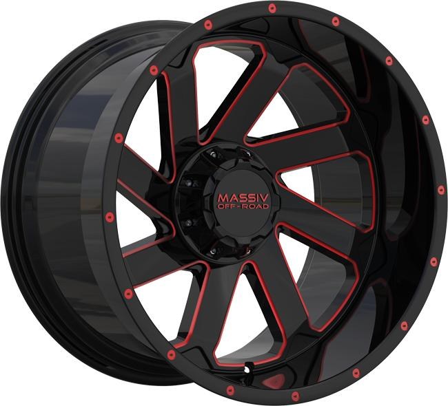 22x10 5-127   5-139.7 Neg18 87.1 Black With Red Milled Accents   Rivets 