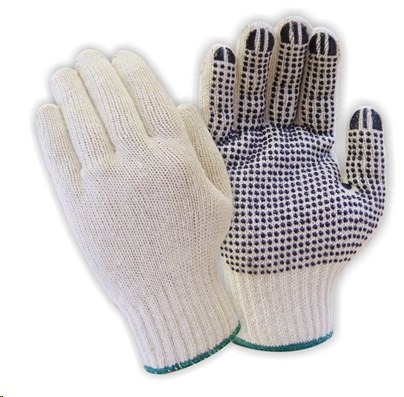 Bin #34 - White Cotton Gloves String Knit With Black PVC Dots GREEN TRIM - Dozen - Large -11CKHD1L