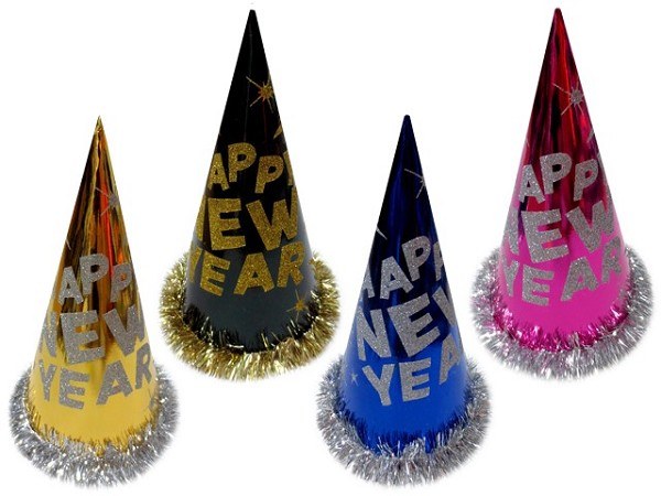 Happy New Year Foil Hat w/Tinsel Rim, Asst Colors 13.5" (19726)