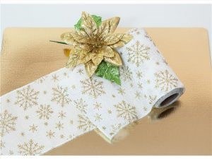 White Burlap Ribbon With Gold Snowflakes (10" x 5 yd) (Sold By Each) - (61434)