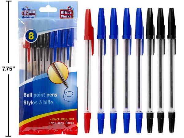 PENS- 8PC ASSORTED COLOURS-4 BLK, 3 BLUE, 1 RED - (12) (20410)